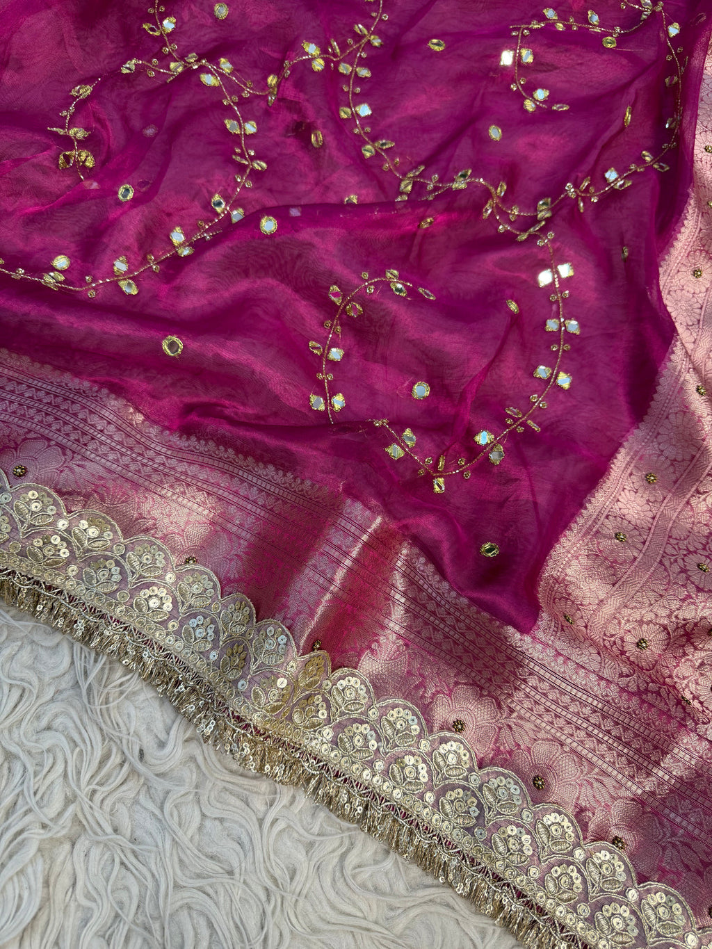 Pure Banarasi Tissue Saree with Hand Work on all over Body with Intricate Border and Pallu Design Along with Gotta Patti Lace Work