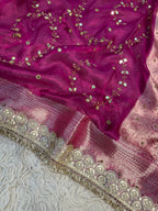 Pure Banarasi Tissue Saree with Hand Work on all over Body with Intricate Border and Pallu Design Along with Gotta Patti Lace Work