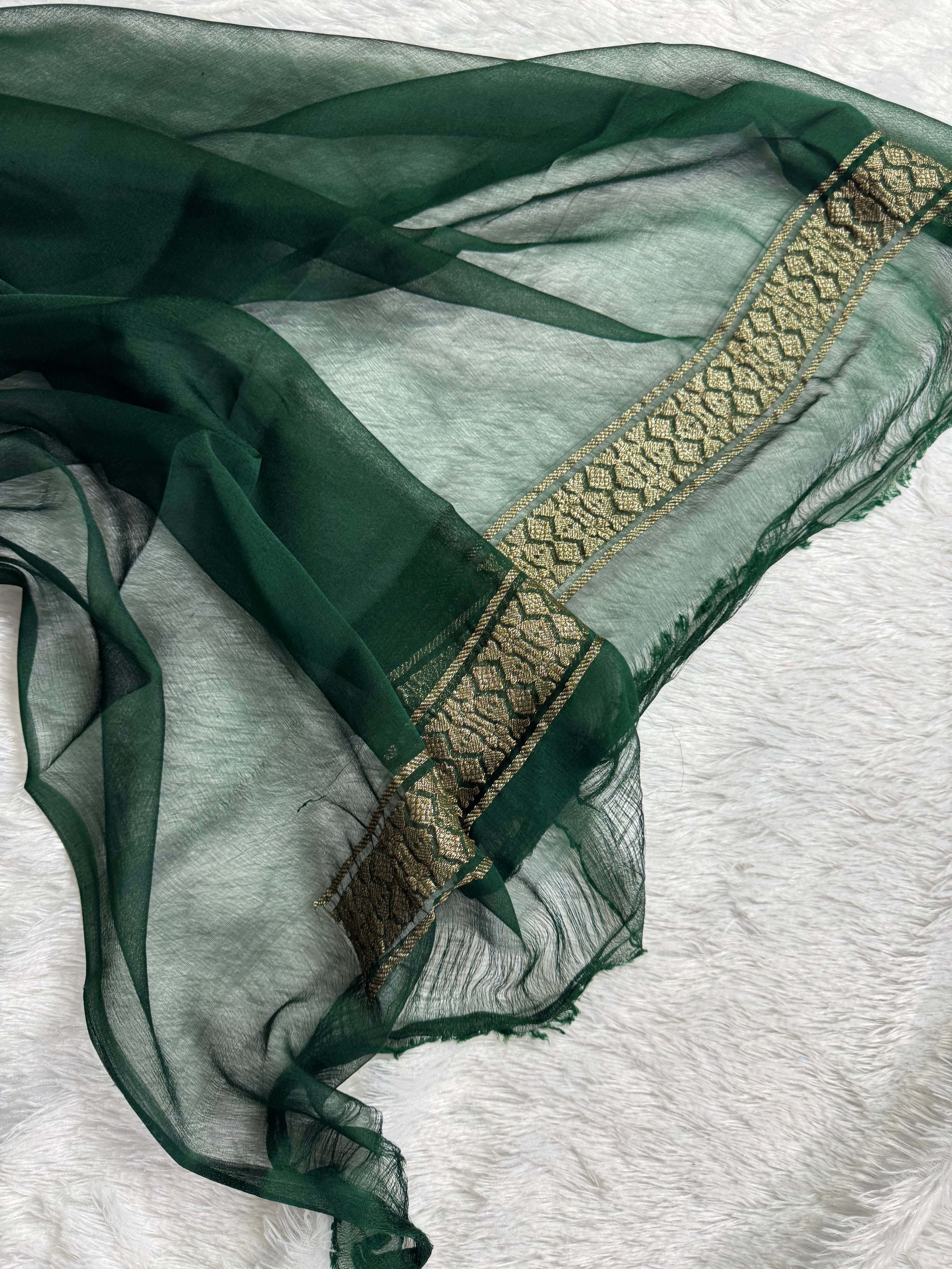 Bottle GreenPure khaddi Chiffon Silk Banarasi Saree