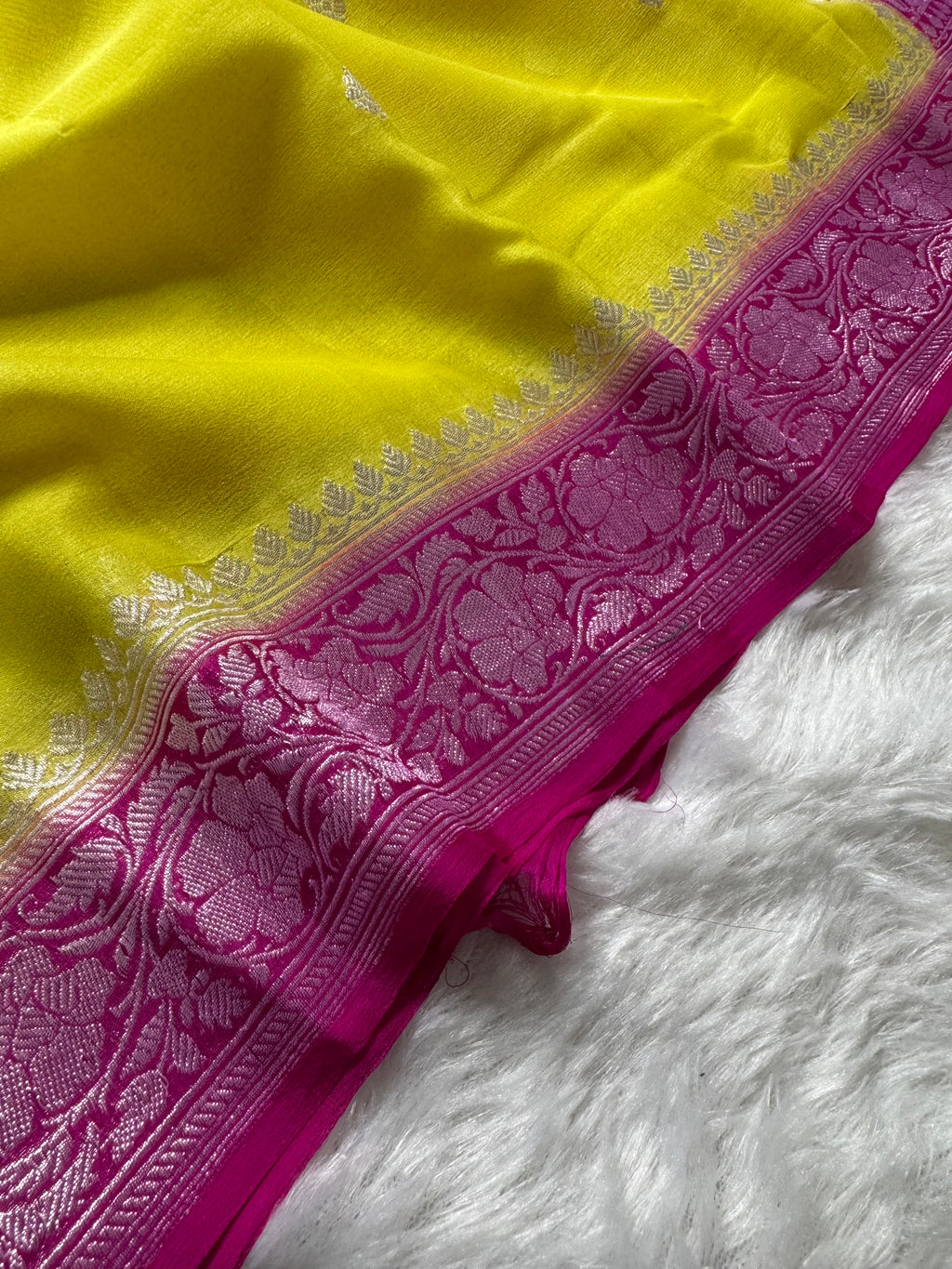 Yellow & Rani Pink Pure Khaddi Chiffon Silk Banarasi Saree
