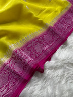 Yellow & Rani Pink Pure Khaddi Chiffon Silk Banarasi Saree