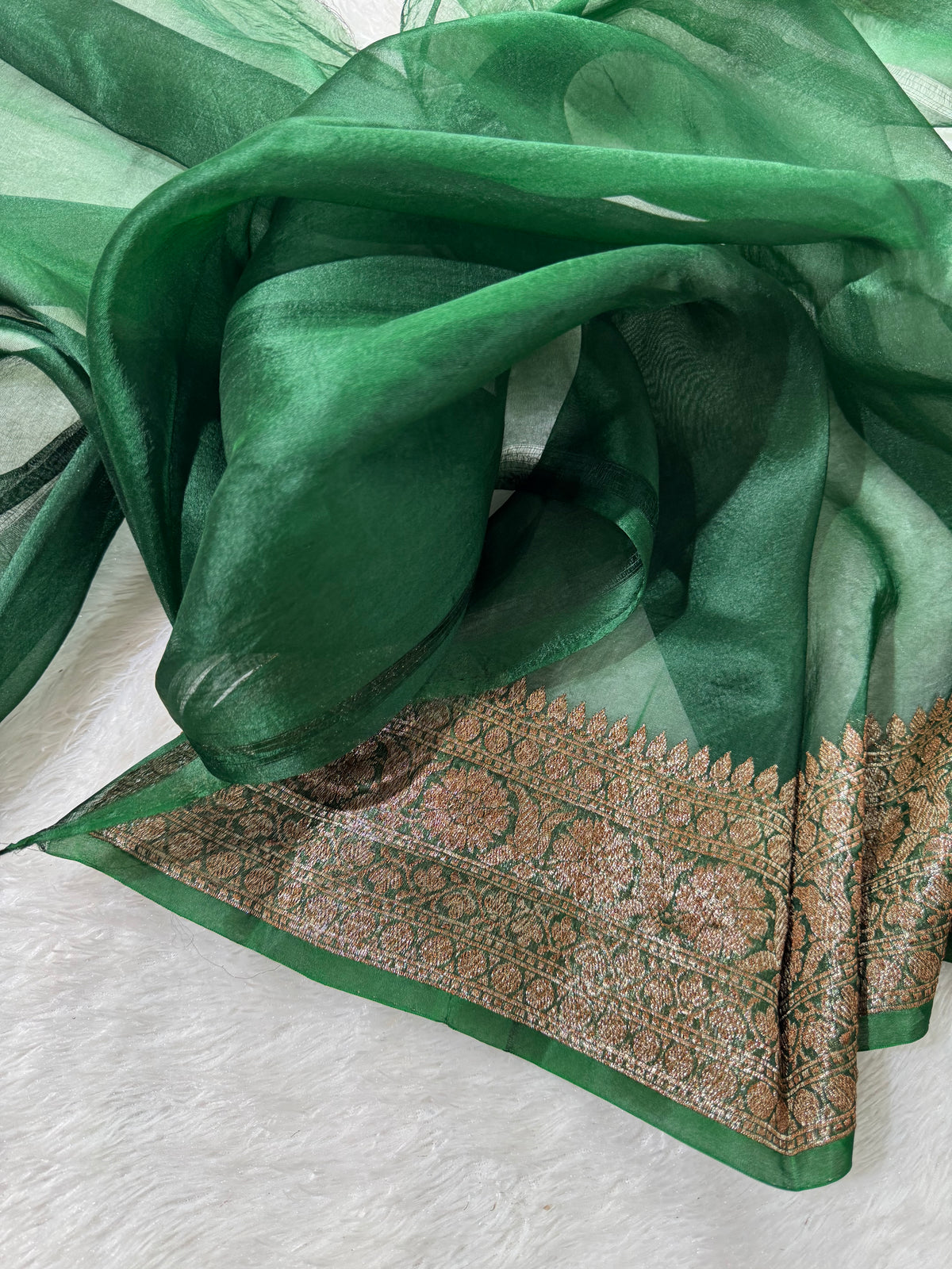 Orange & Bottle Green Pure Kora Organza Silk Banarasi Saree