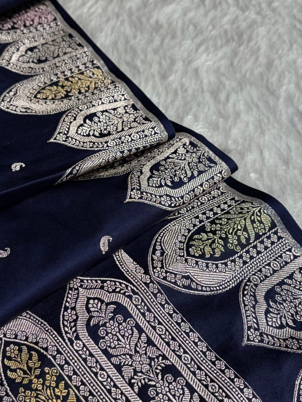 Navy Blue Meenakari Mashru Katan Silk Banarasi Saree