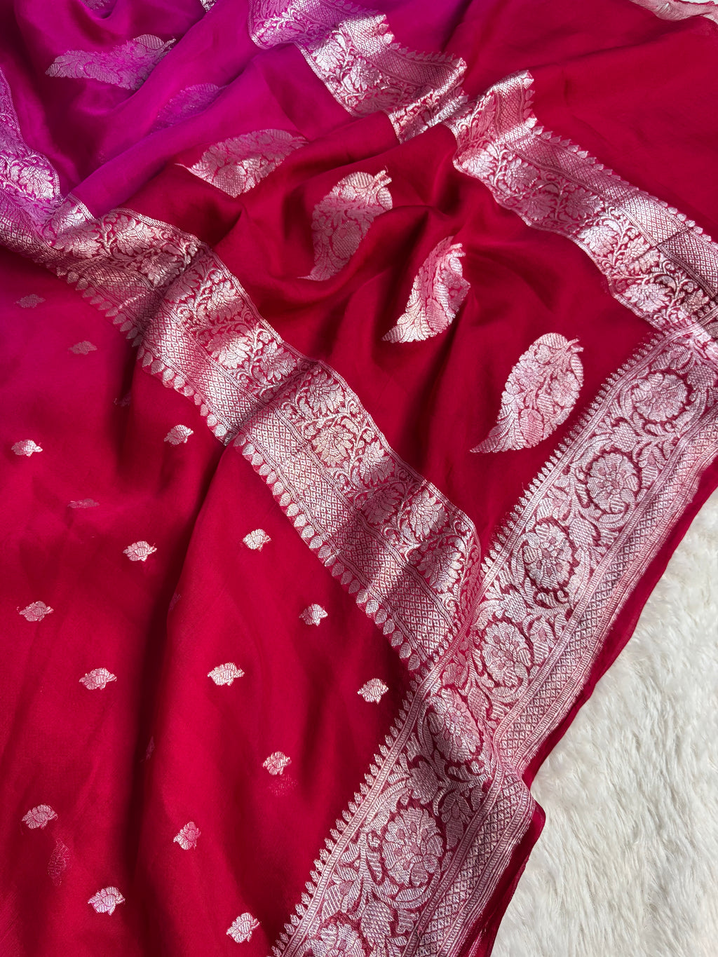 Red Rani Pure Khaddi Chiffon Silk Banarasi Half & Half Saree