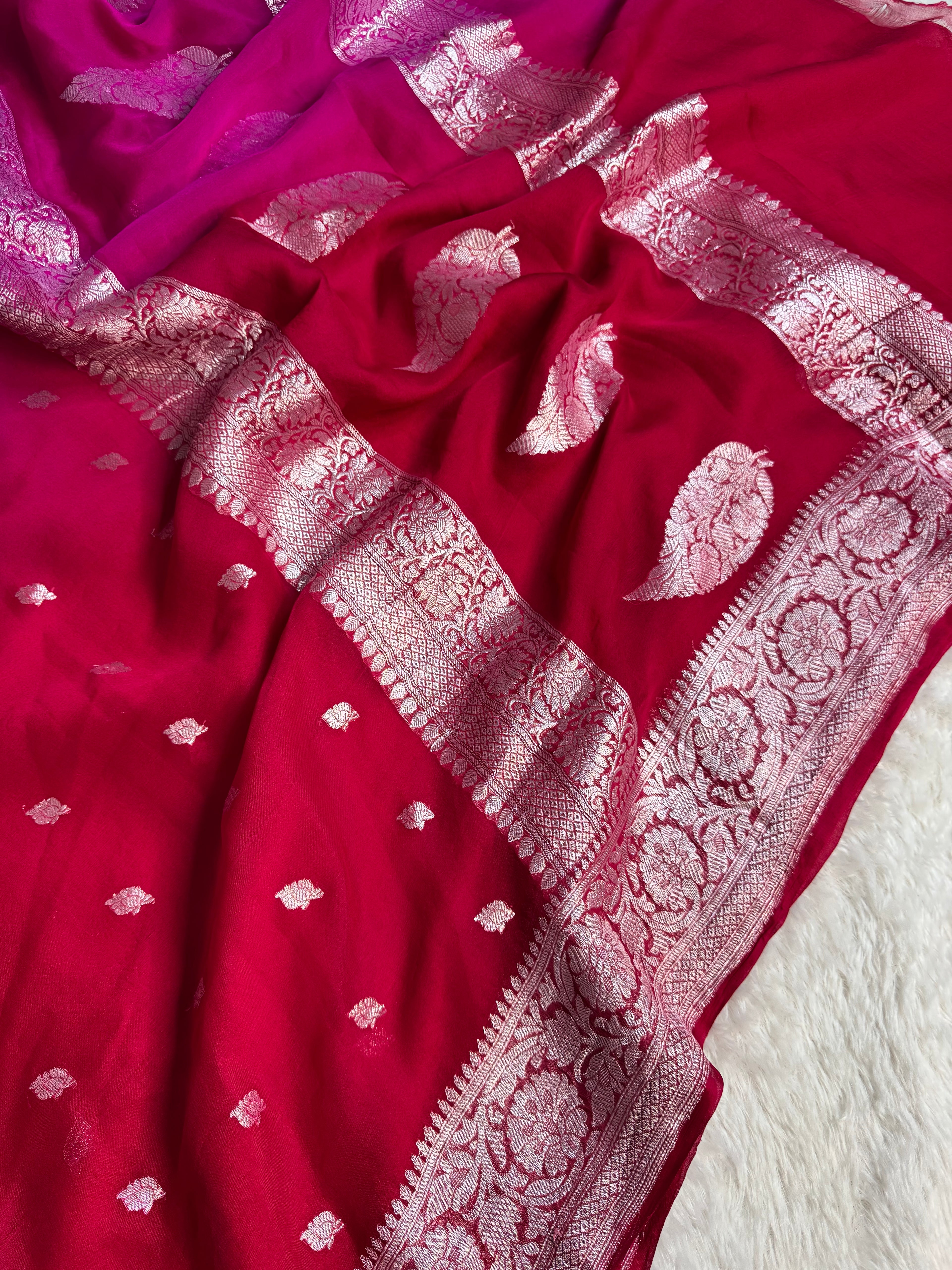 Red Rani Pure Khaddi Chiffon Silk Banarasi Half & Half Saree