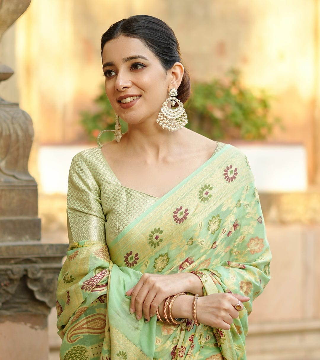 Pista Green Pure Chiffon Silk Banarasi Saree