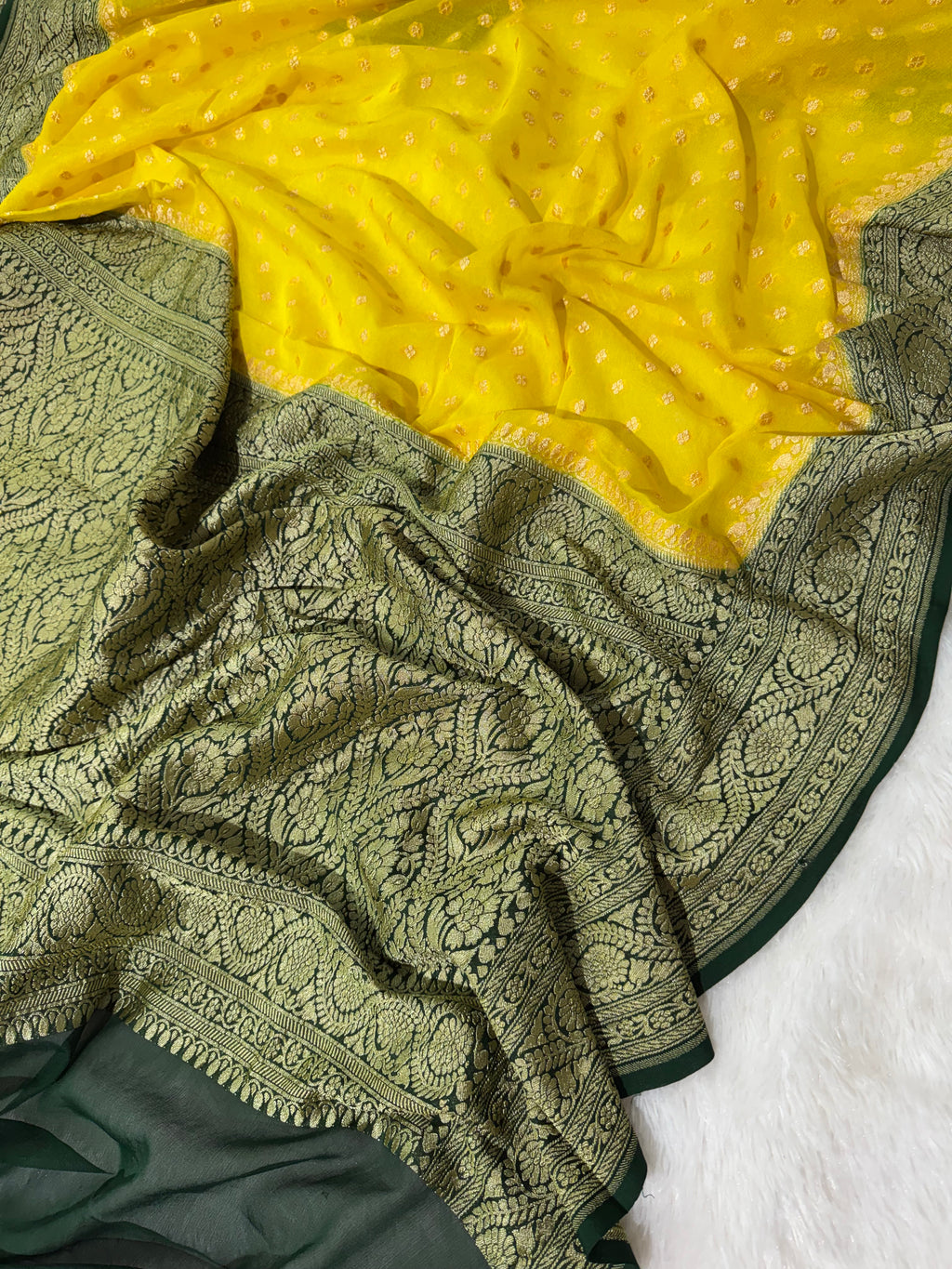 Lemon & Bottle Green Pure Khaddi Georgette Silk Banarasi Saree