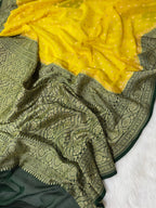 Lemon & Bottle Green Pure Khaddi Georgette Silk Banarasi Saree
