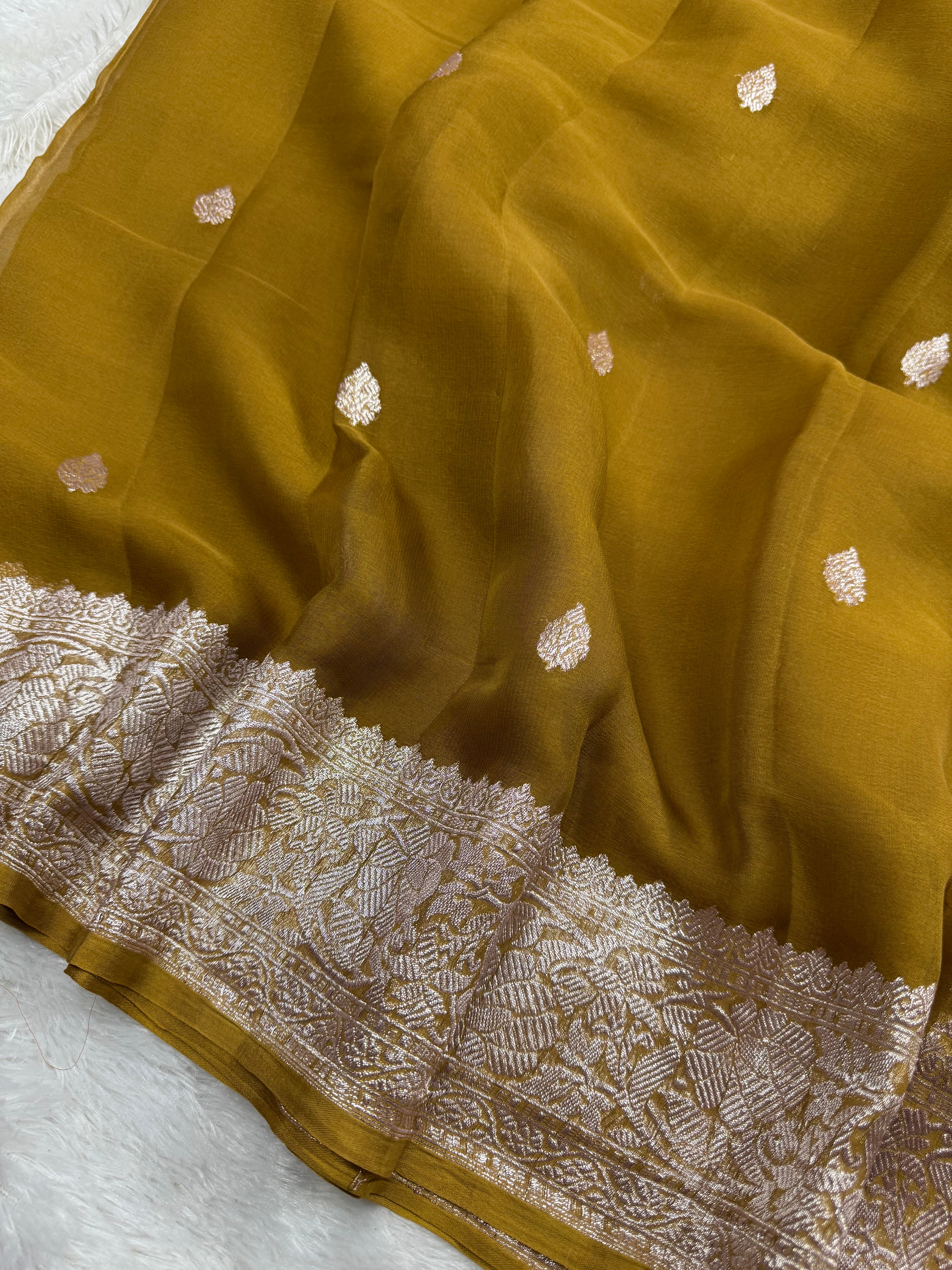 Golden Mustard Pure Khaddi Chiffon Silk Banarasi Saree