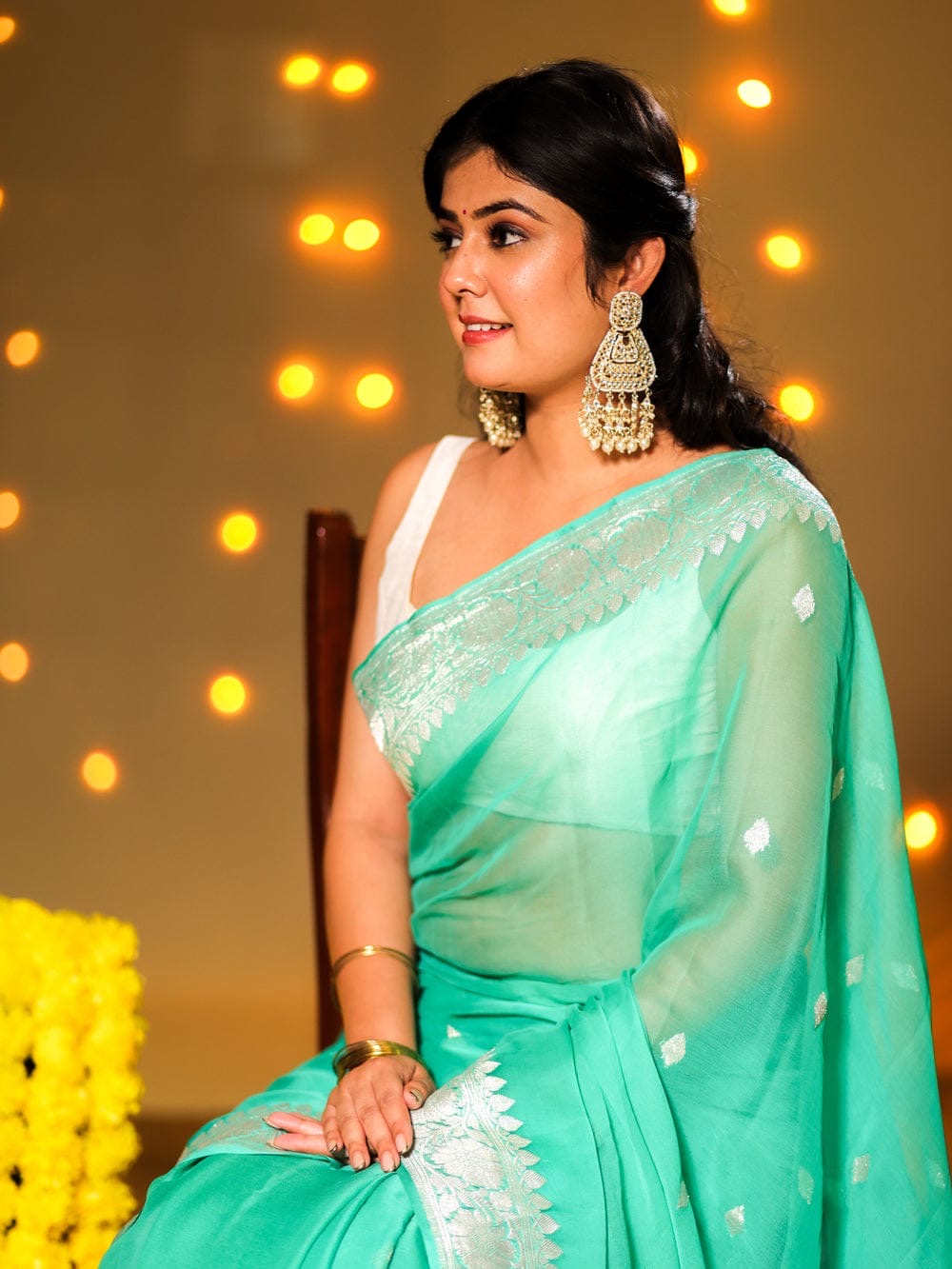 Sea Green Pure Khaddi Chiffon Silk Banarasi Saree