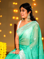 Sea Green Pure Khaddi Chiffon Silk Banarasi Saree