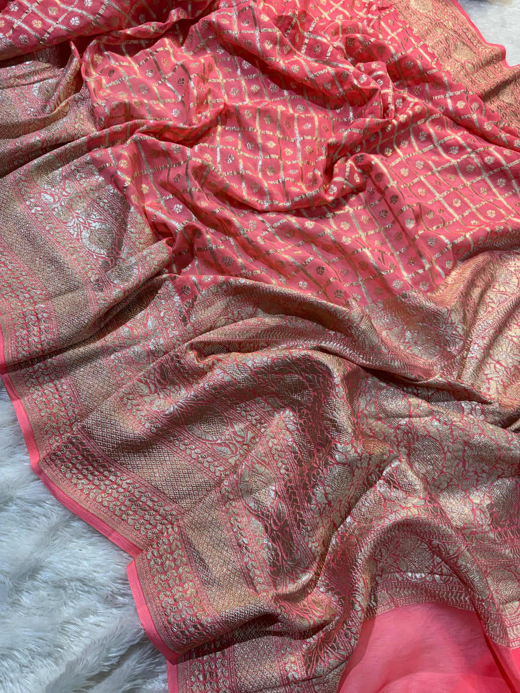 Peach Pure Khaddi Georgette Silk Banarasi Saree