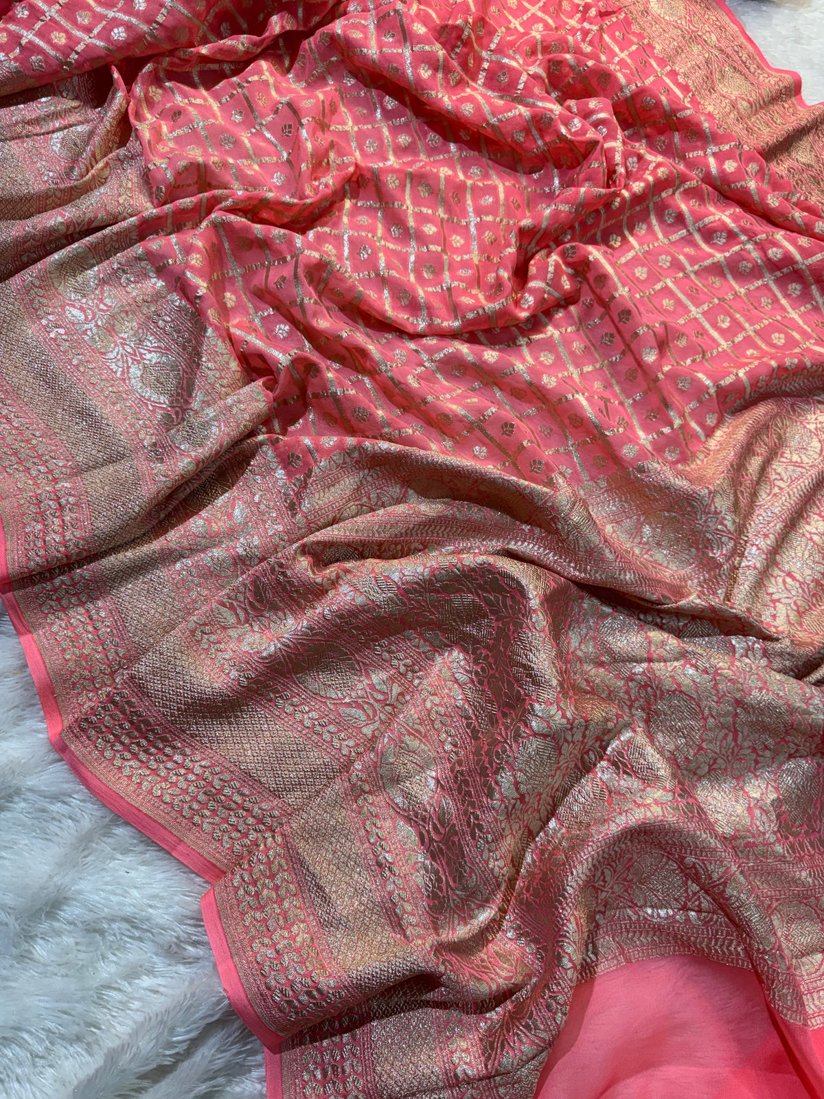 Peach Pure Khaddi Georgette Silk Banarasi Saree
