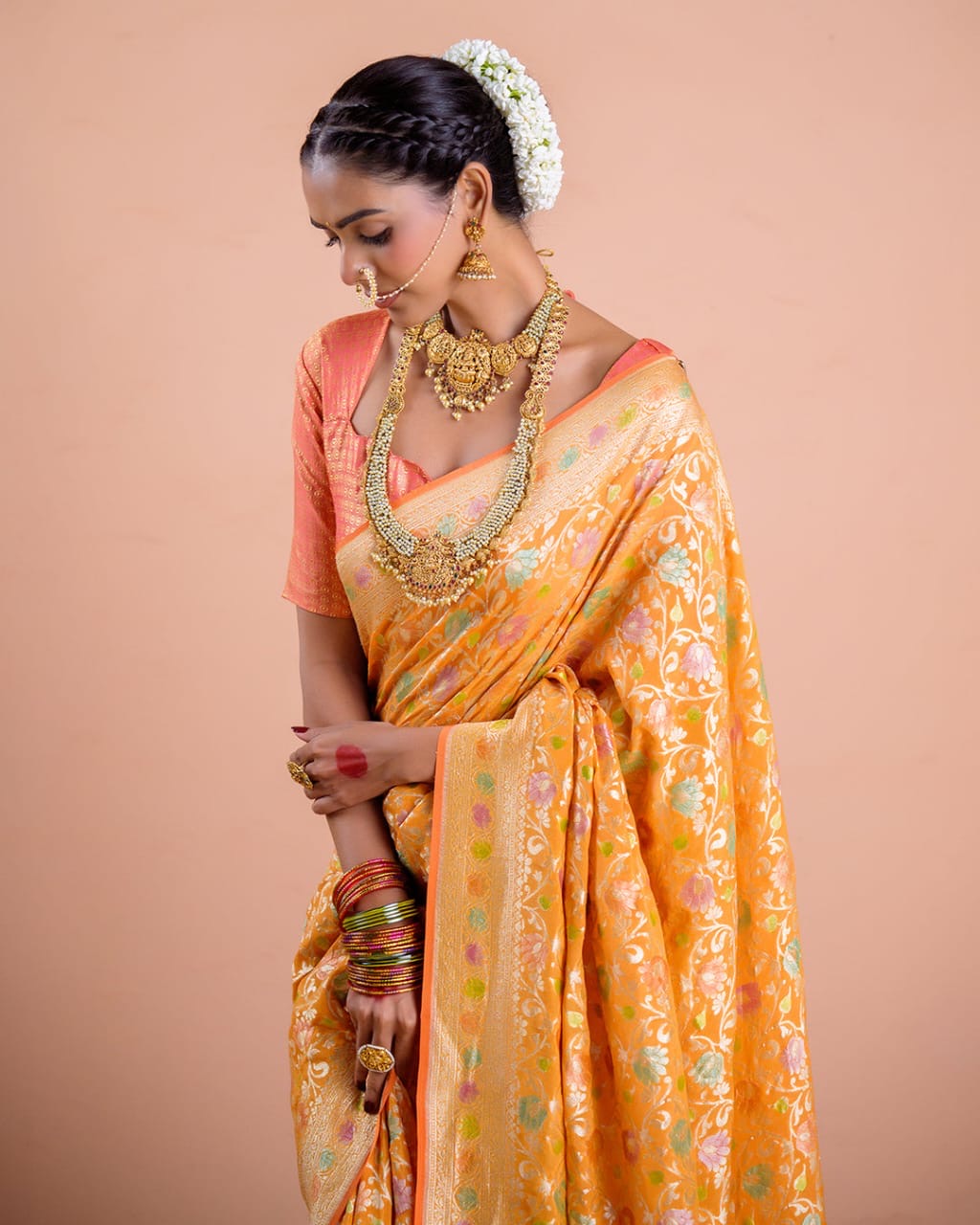 Mustard Orange With Handbrush Pure Khaddi Georgette Silk Banarasi Saree