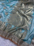 Light Sea Green Tissue Silk Saree With Mirror Work & Designer Lace Border