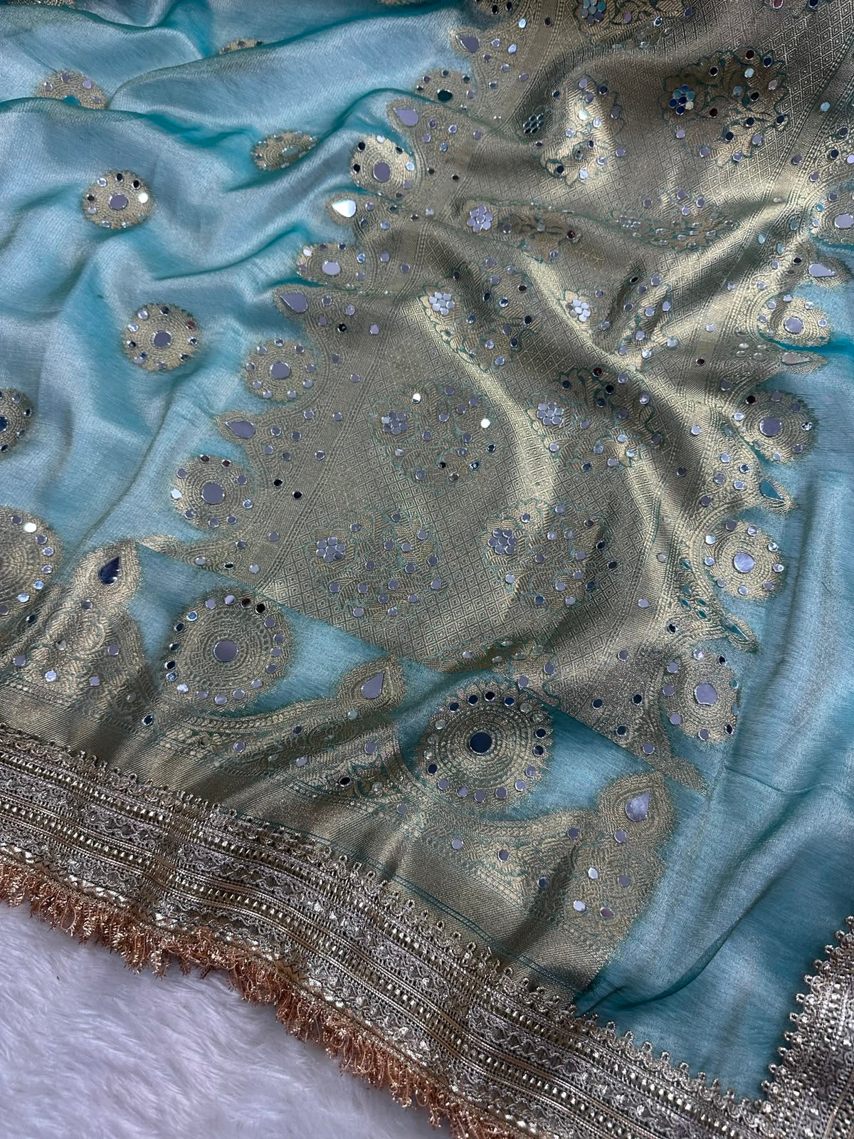 Light Sea Green Tissue Silk Saree With Mirror Work & Designer Lace Border