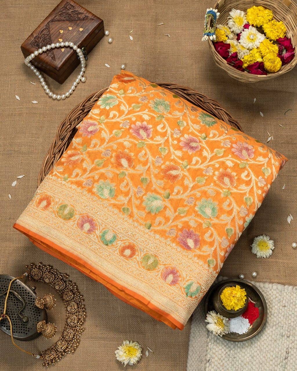 Mustard Orange With Handbrush Pure Khaddi Georgette Silk Banarasi Saree