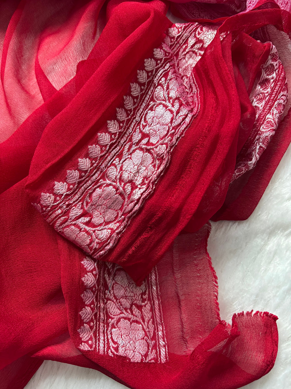 Rani & Red Pure Khaddi Chiffon Silk Banarasi Saree
