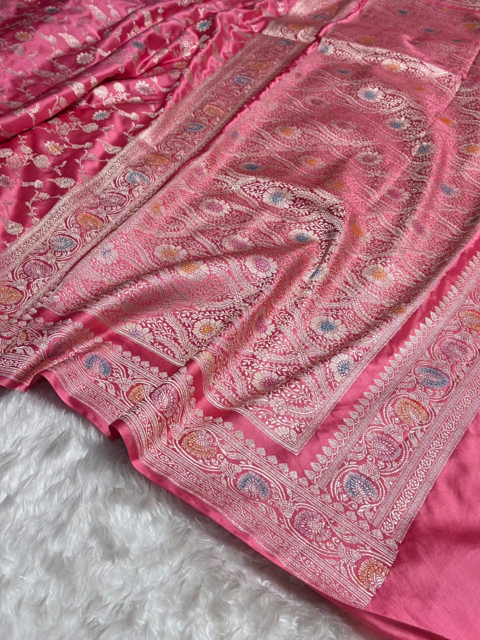 Rose Pink Meenakari Mashru Katan Silk Banarasi Saree