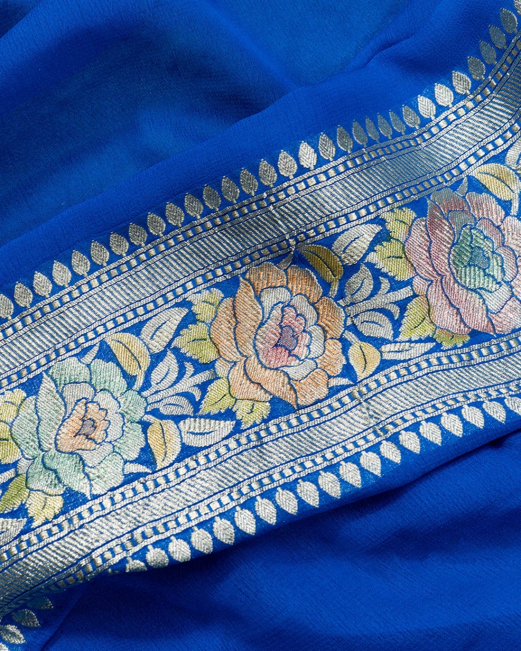 Peacock Blue With Handbrush Pure Khaddi Georgette Silk Banarasi Saree