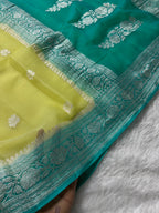 Lemon & Sea Green Pure Khaddi Chiffon Silk Banarasi Saree
