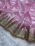 Baby Pink Mirror & Pearl Work Beautiful lace Border Tissue Silk Banarasi Saree