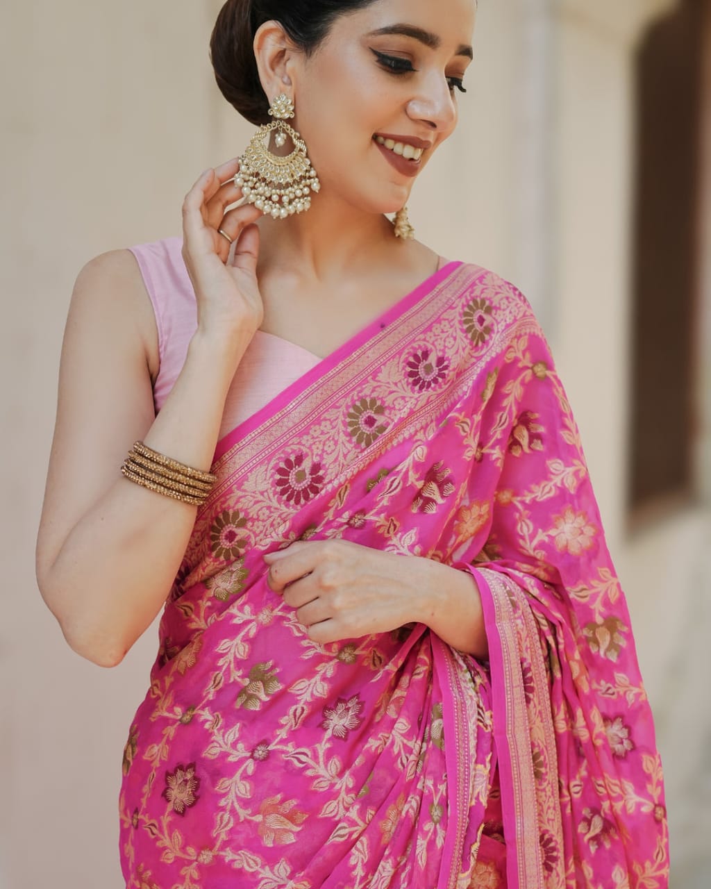 Pink Pure Chiffon Silk Banarasi Saree