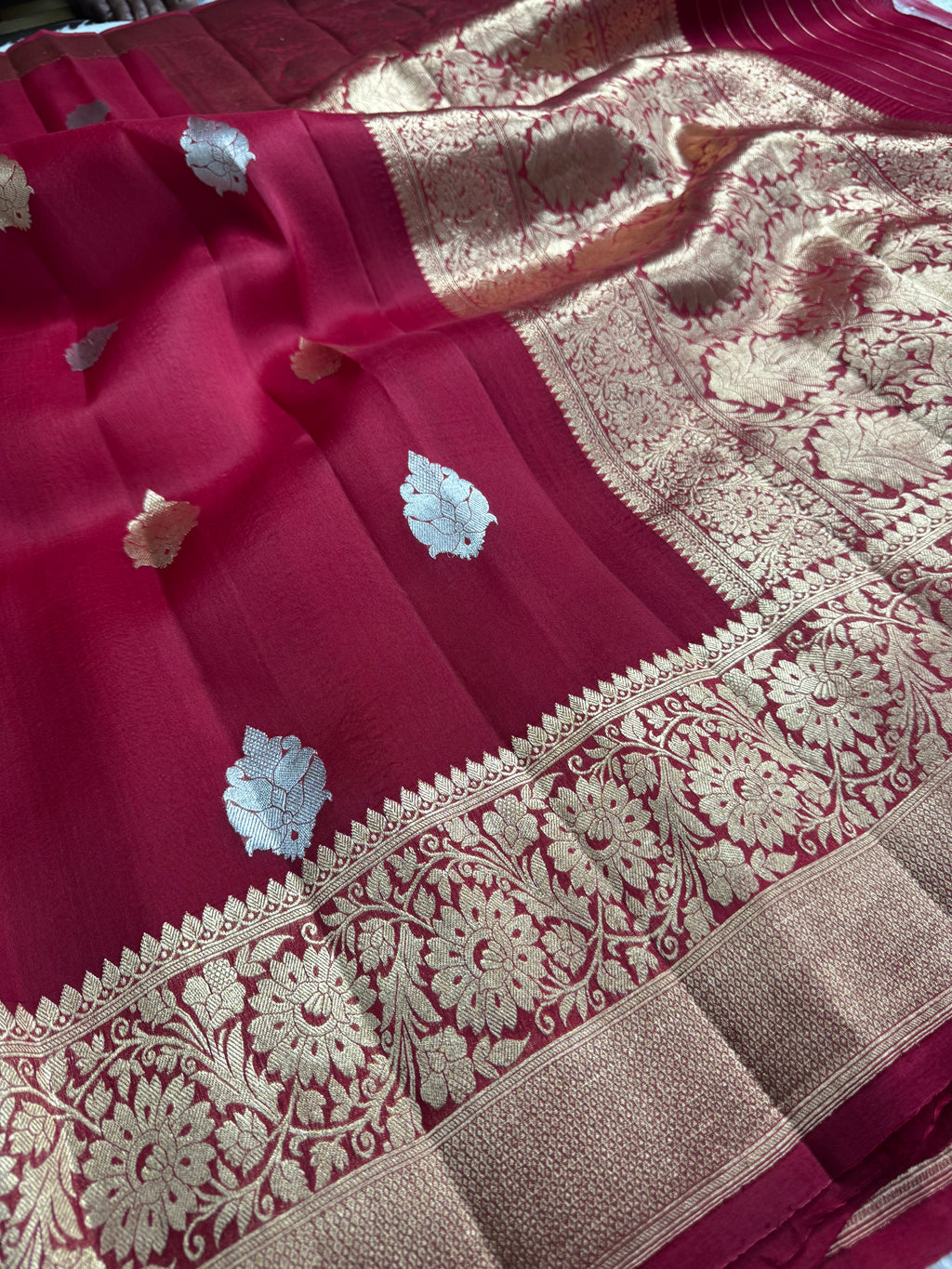 Red Pure Kora Organza Sona & Roopa Silk Banarasi Border Booti Saree