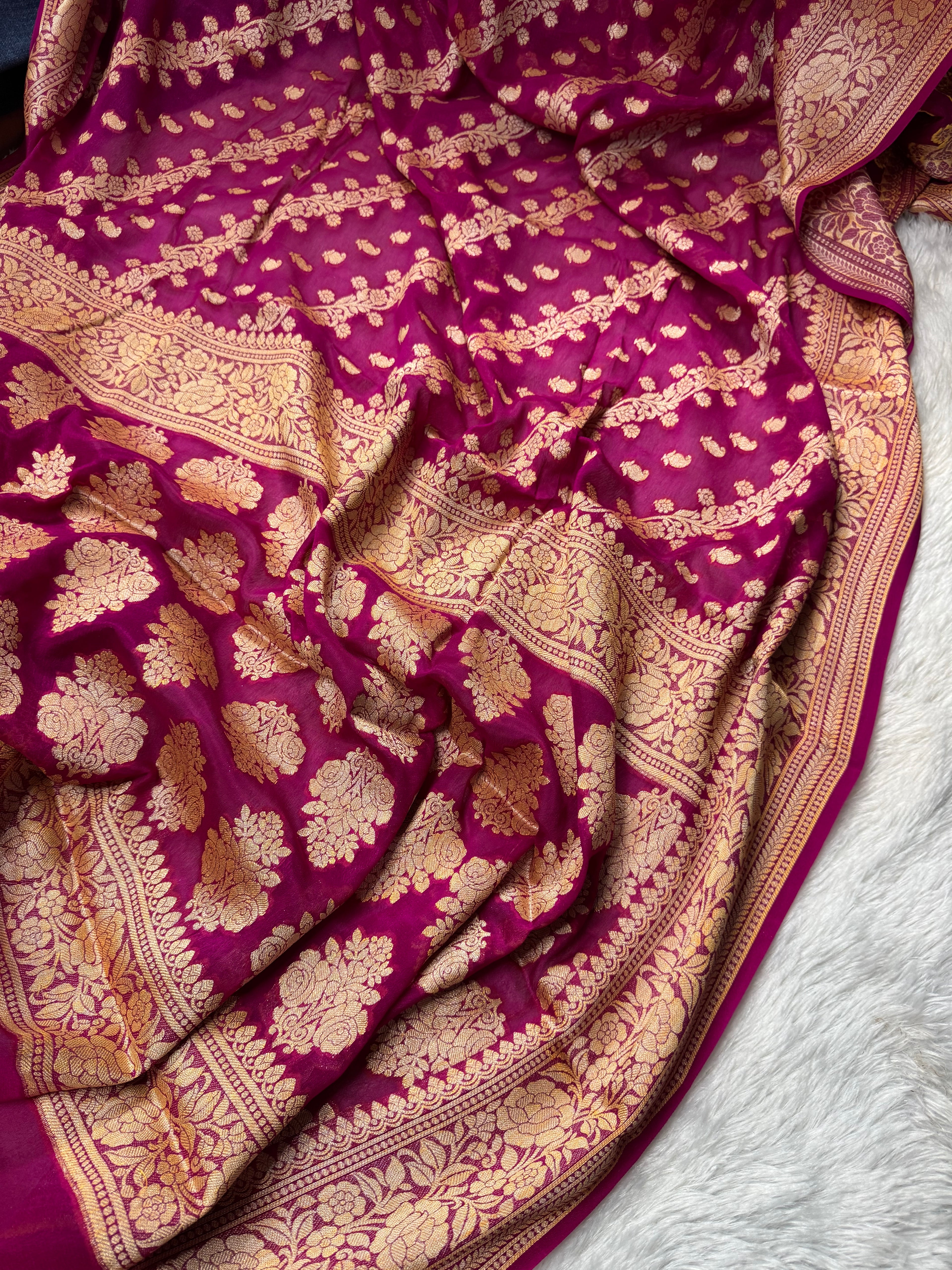 Rani Pure Chiffon Silk Banarasi Stripe Saree