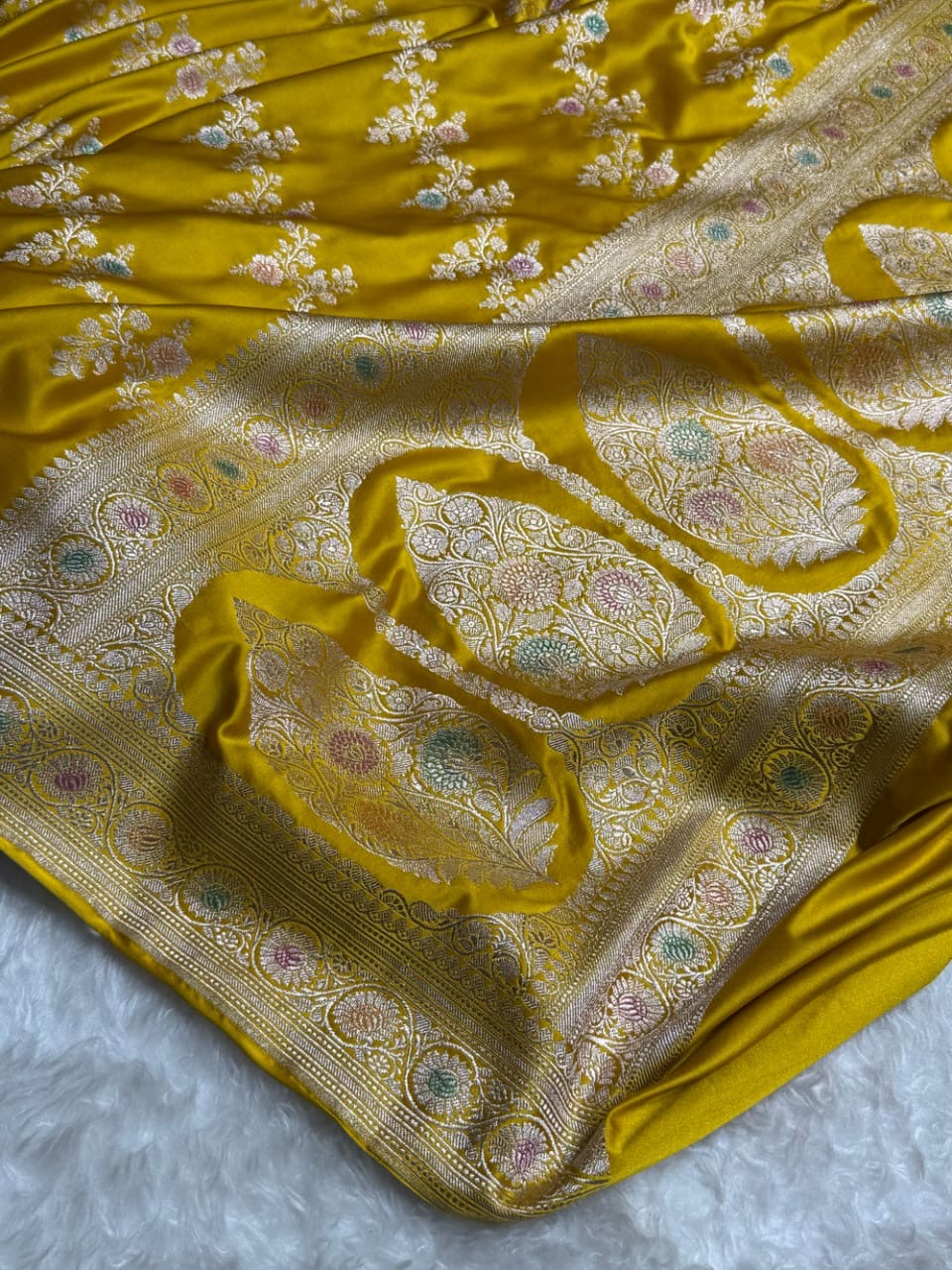 Mustard Yellow Meenakari Mashru Katan Silk Banarasi Saree