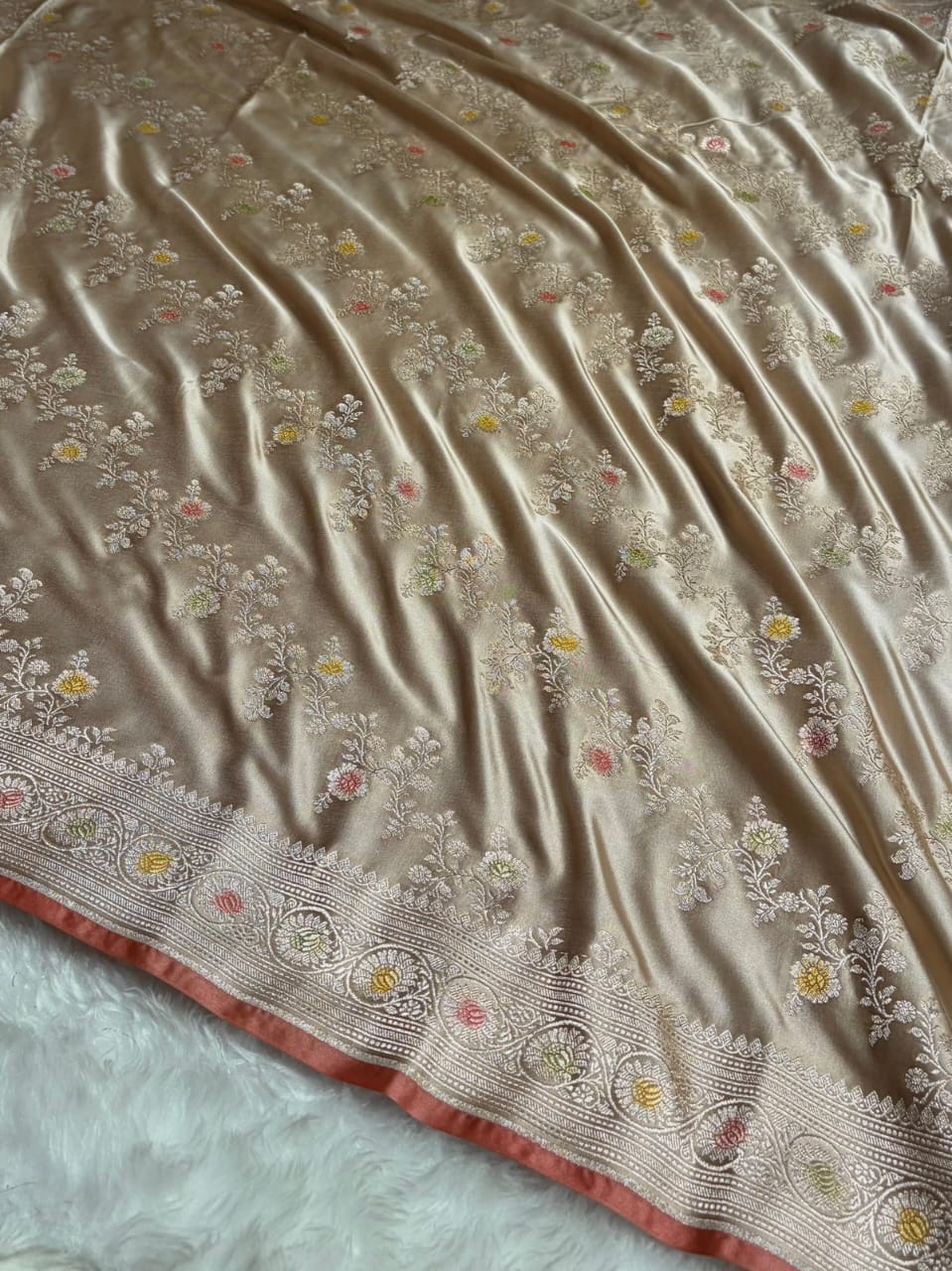 Light Golden Beige Meenakri Mashru Katan Silk Banarasi Saree