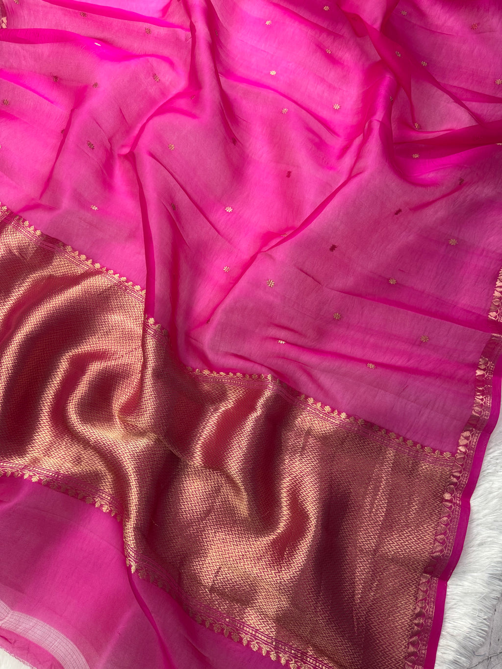 Hot Pink Pure Kora Organza Silk Banarasi Saree