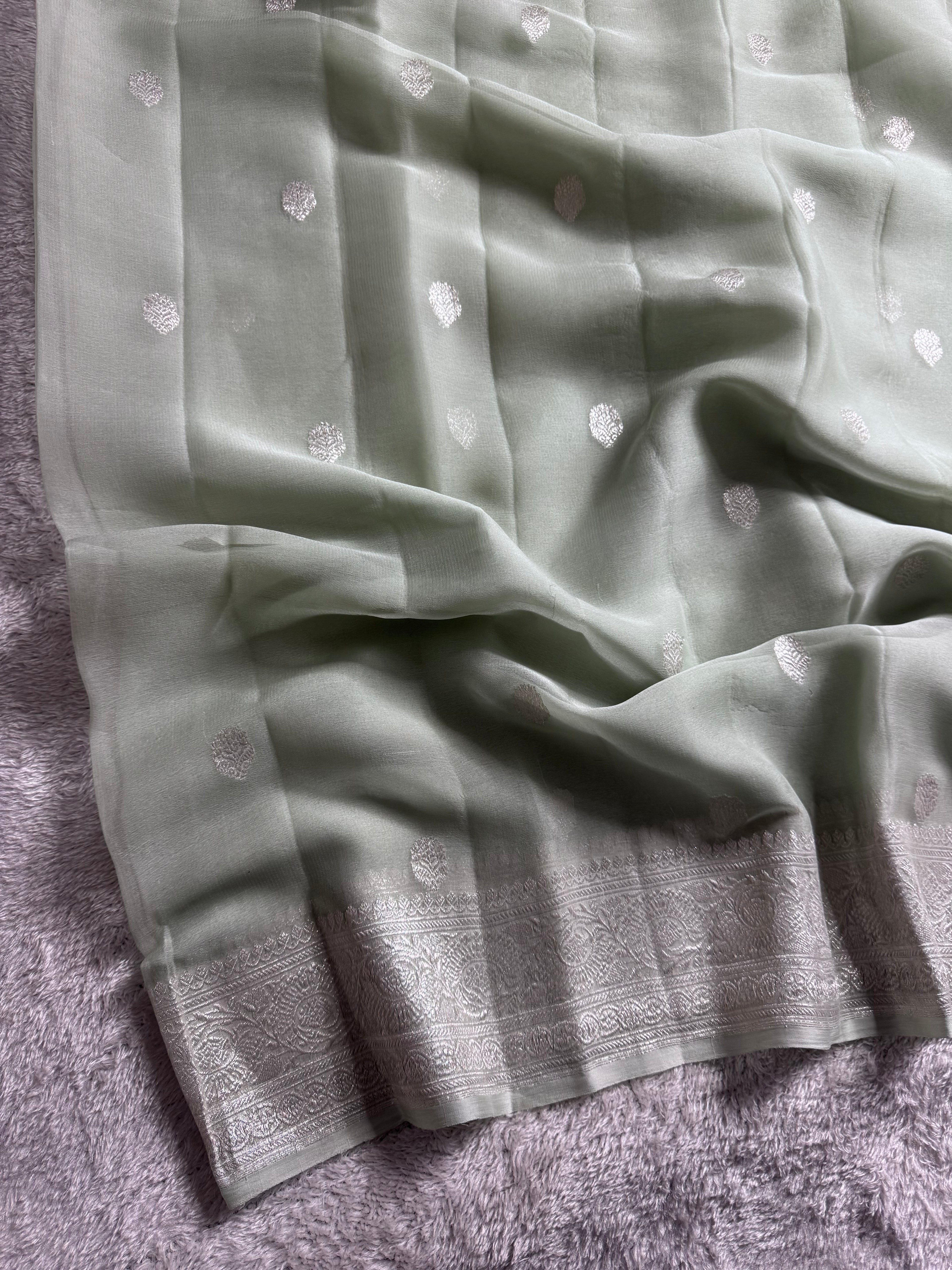 Pista Green Pure Khaddi Chiffon Silk Banarasi Saree