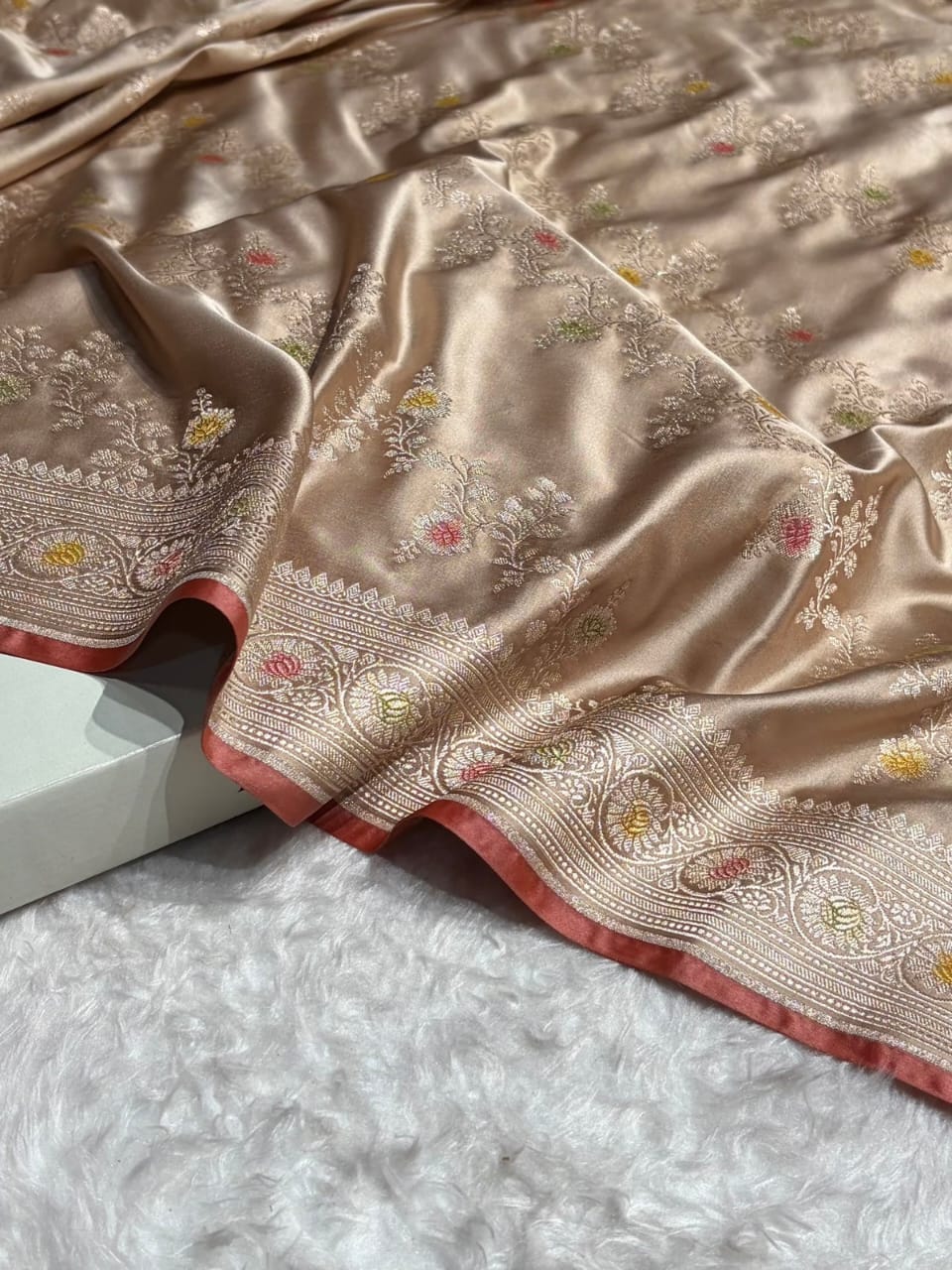 Light Golden Beige Meenakri Mashru Katan Silk Banarasi Saree