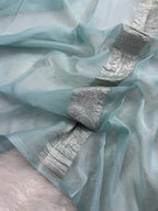 Pastel Ice Blue Pure Khaddi Chiffon Silk Banarasi Saree