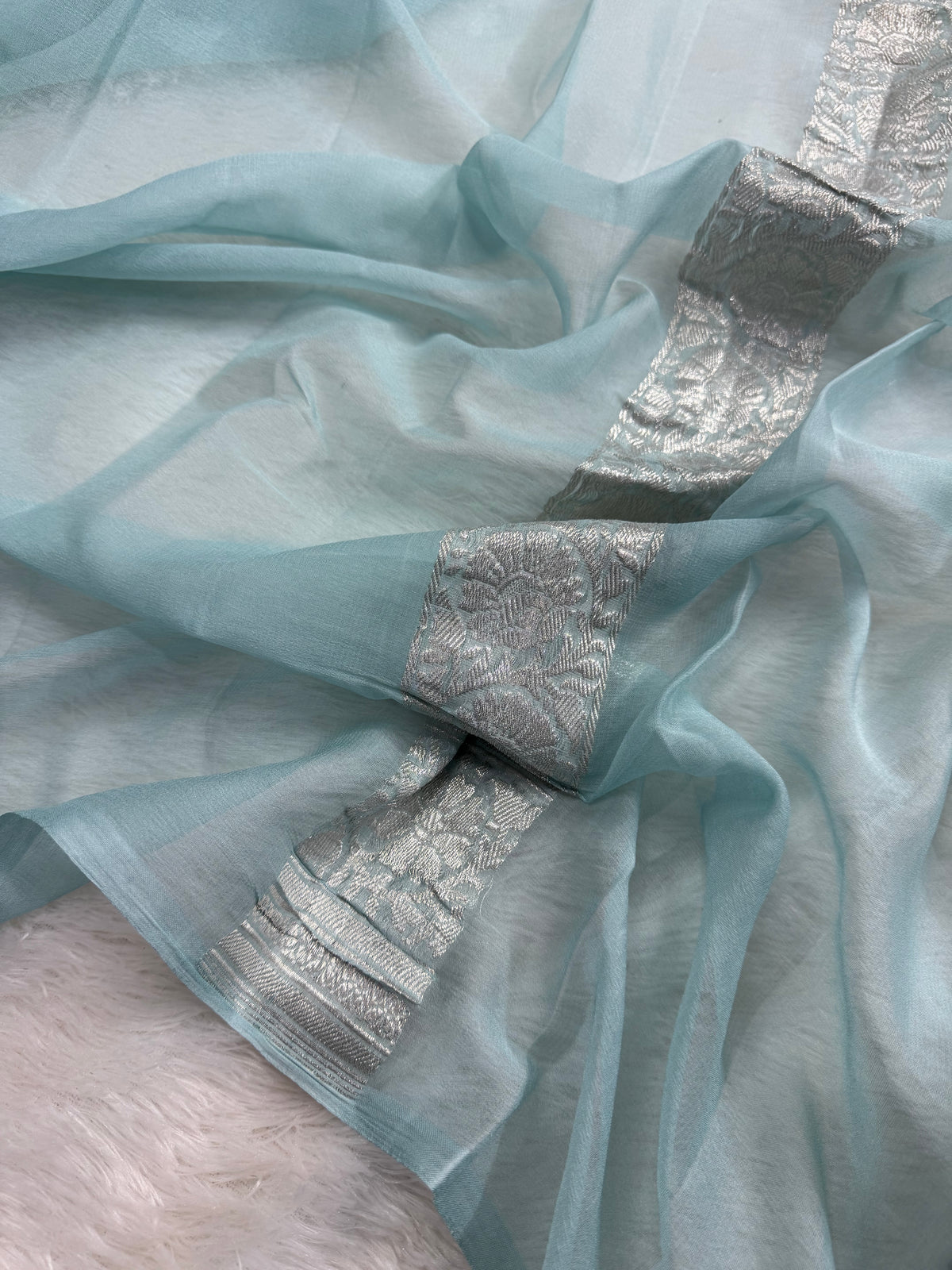 Pastel Ice Blue Pure Khaddi Chiffon Silk Banarasi Saree