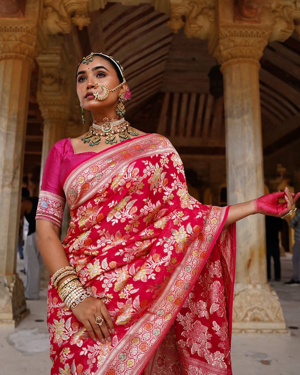 Rani Pink With Handbrush Pure Khaddi Georgette Silk Banarasi Saree