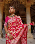 Rani Pink With Handbrush Pure Khaddi Georgette Silk Banarasi Saree