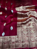Red Pure Kora Organza Sona & Roopa Silk Banarasi Border Booti Saree