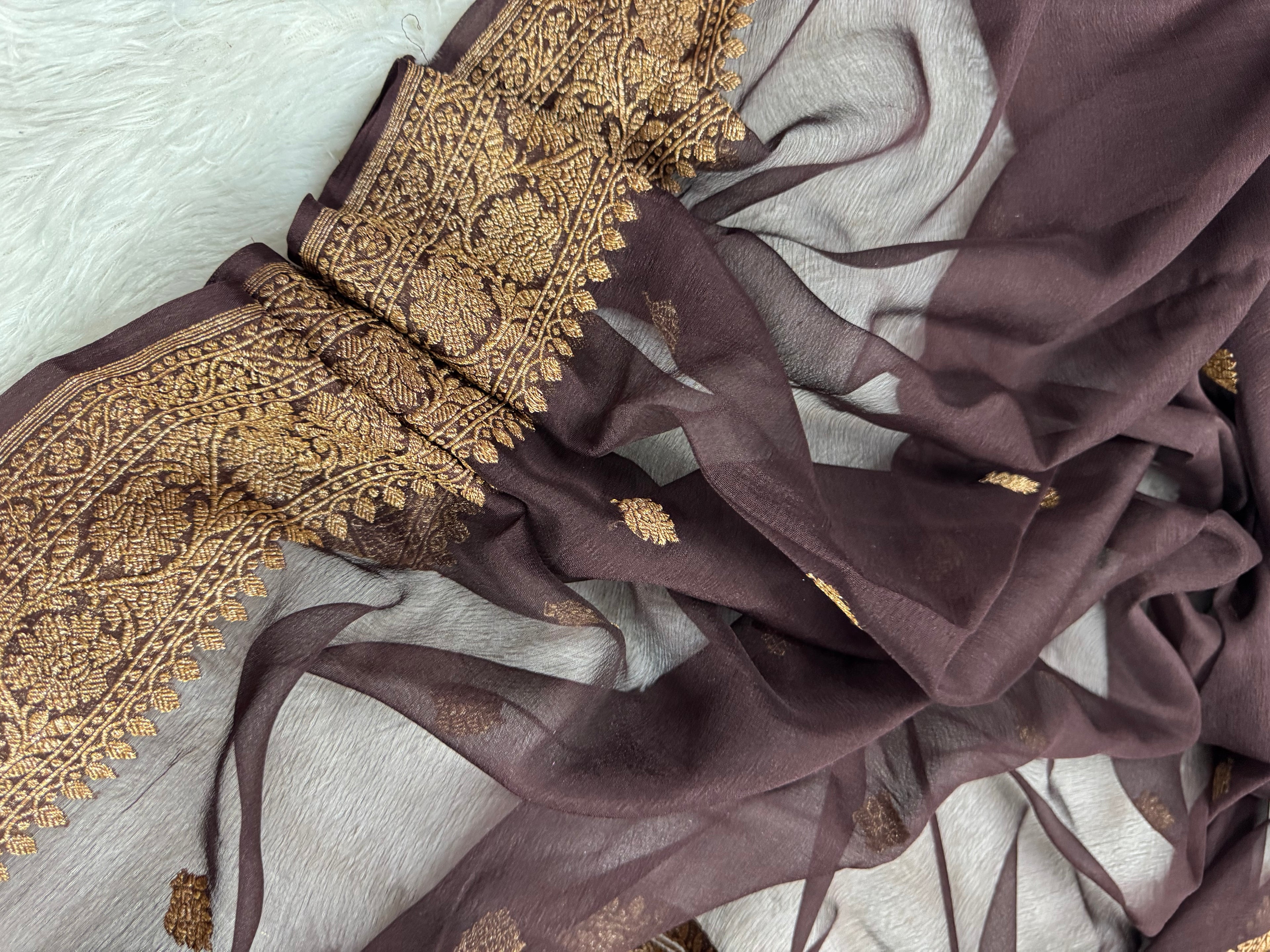 Chocolate Brown Pure khaddi Chiffon Silk Banarasi Saree