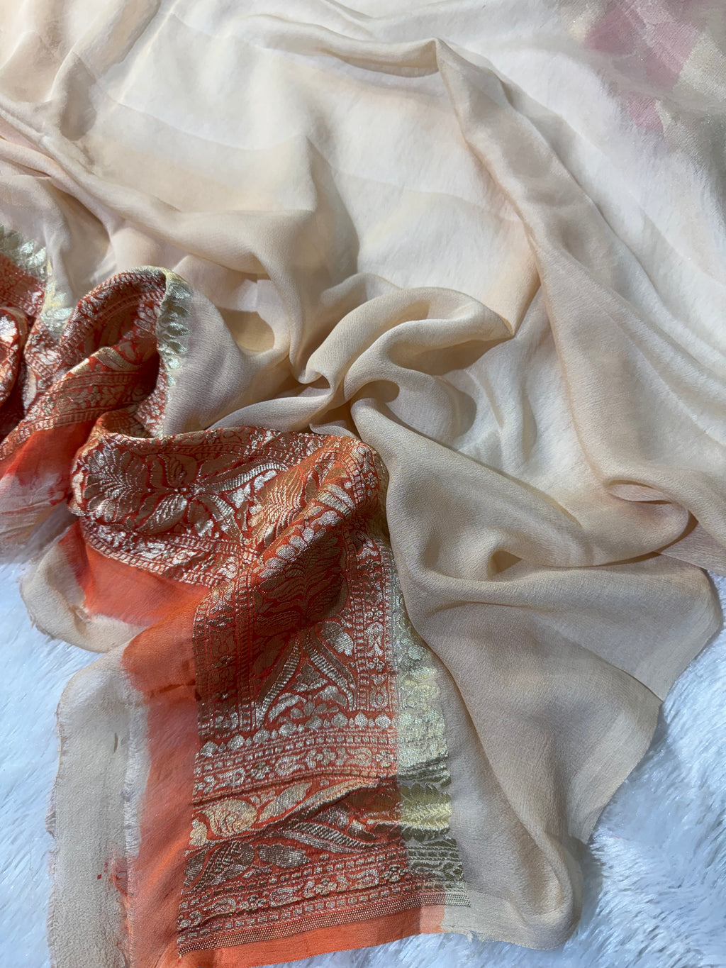 Beige Rangkat Handbrush Pure Khaddi Georgette Silk Banarasi Saree