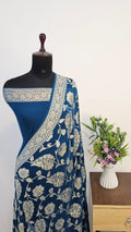 German Blue Pure Khaddi Georgette Silk Banarasi Saree