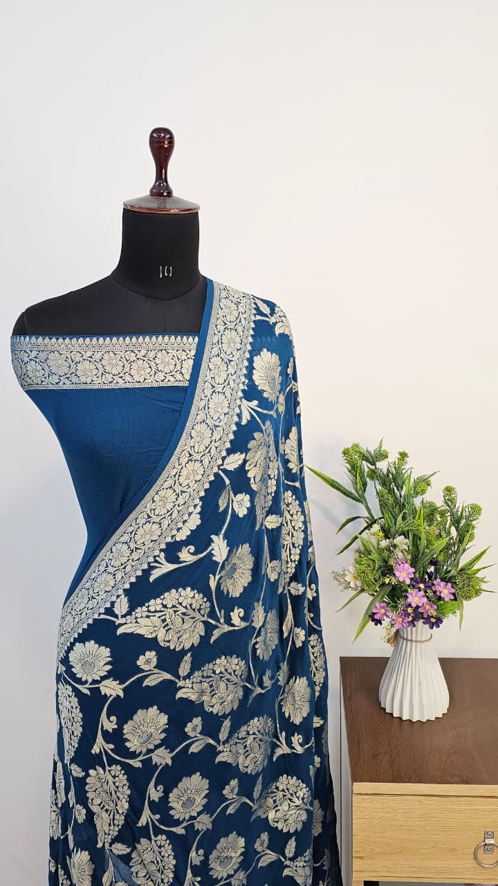 German Blue Pure Khaddi Georgette Silk Banarasi Saree