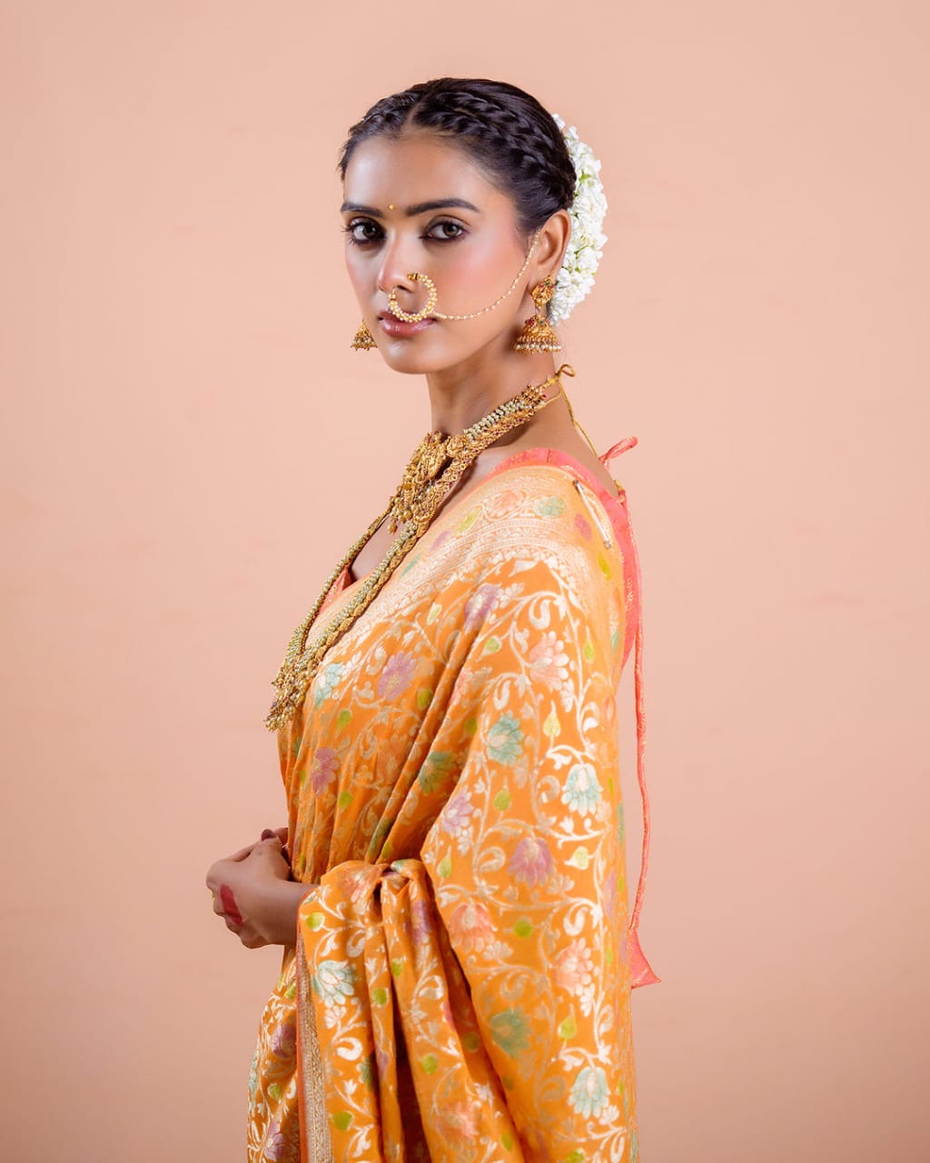 Mustard Orange With Handbrush Pure Khaddi Georgette Silk Banarasi Saree
