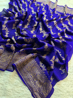 Sea Green & Dark Royal Blue Pure Khaddi Crep Silk Banarasi Saree
