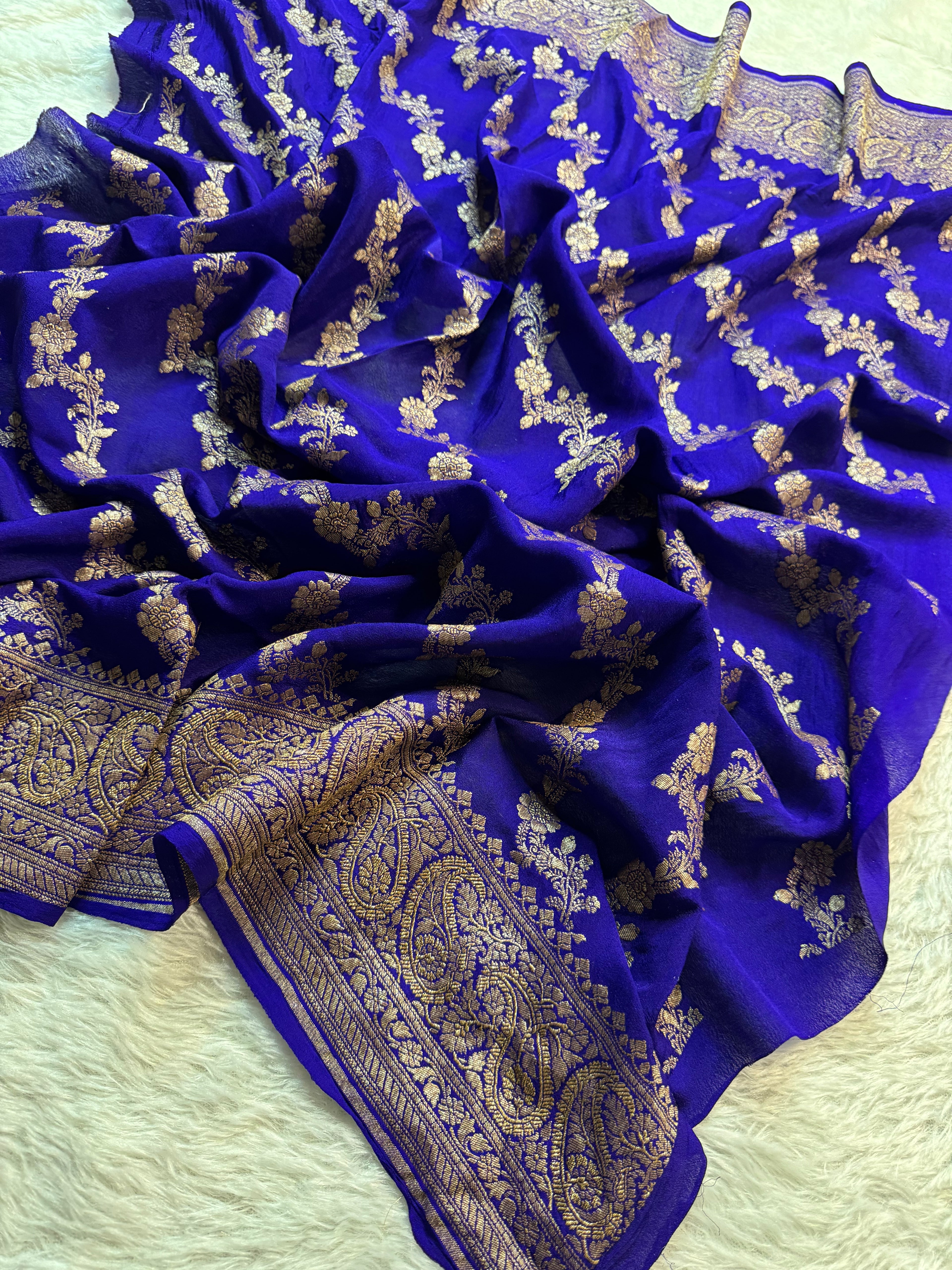 Sea Green & Dark Royal Blue Pure Khaddi Crep Silk Banarasi Saree