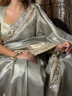 Moonlight Grey Banarasi Rajkumari Mirror Work Tissue Silk Saree