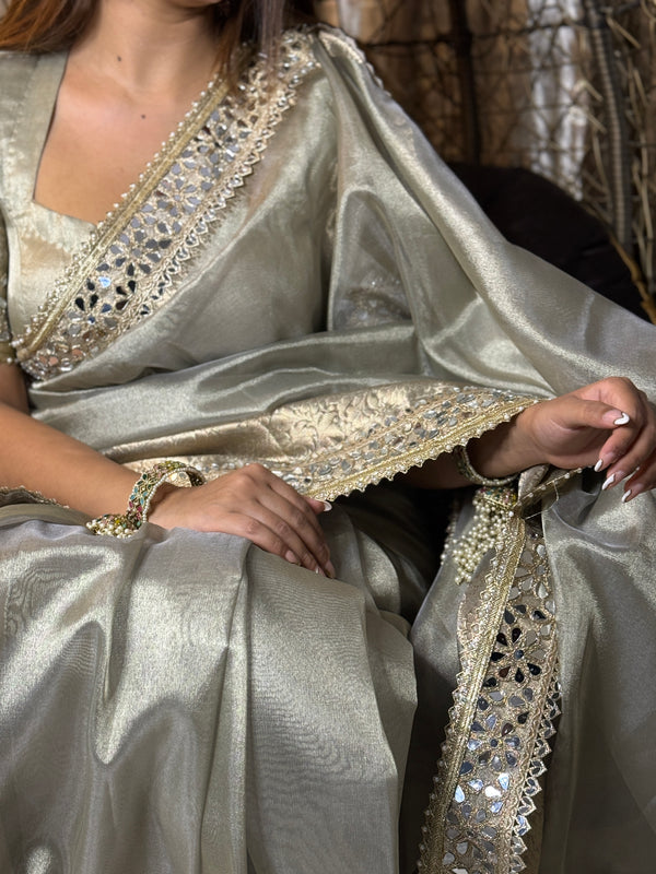 Moonlight Grey Banarasi Rajkumari Mirror Work Tissue Silk Saree