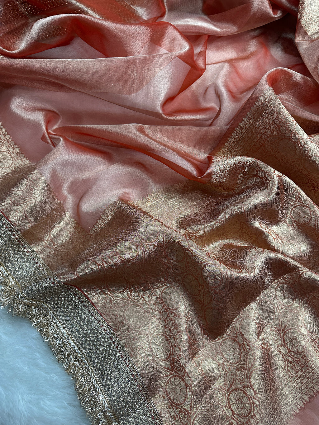 Peach Beautiful Lace Border Tissue Silk Banarasi Saree