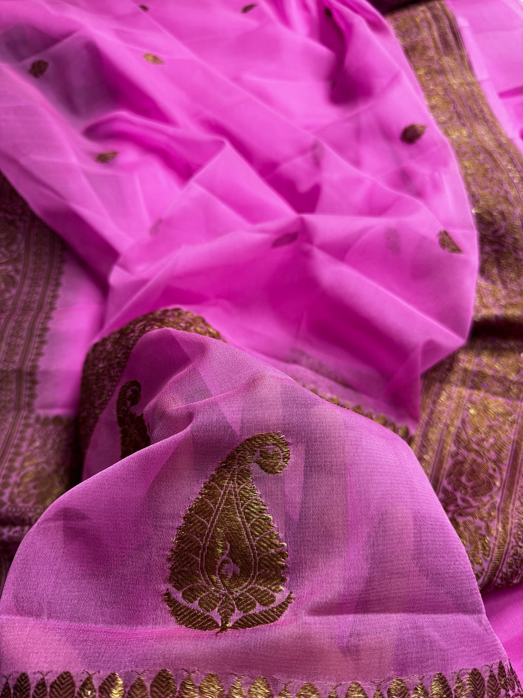 Baby Pink Pure khaddi Chiffon Silk Banarasi Border Booti Saree